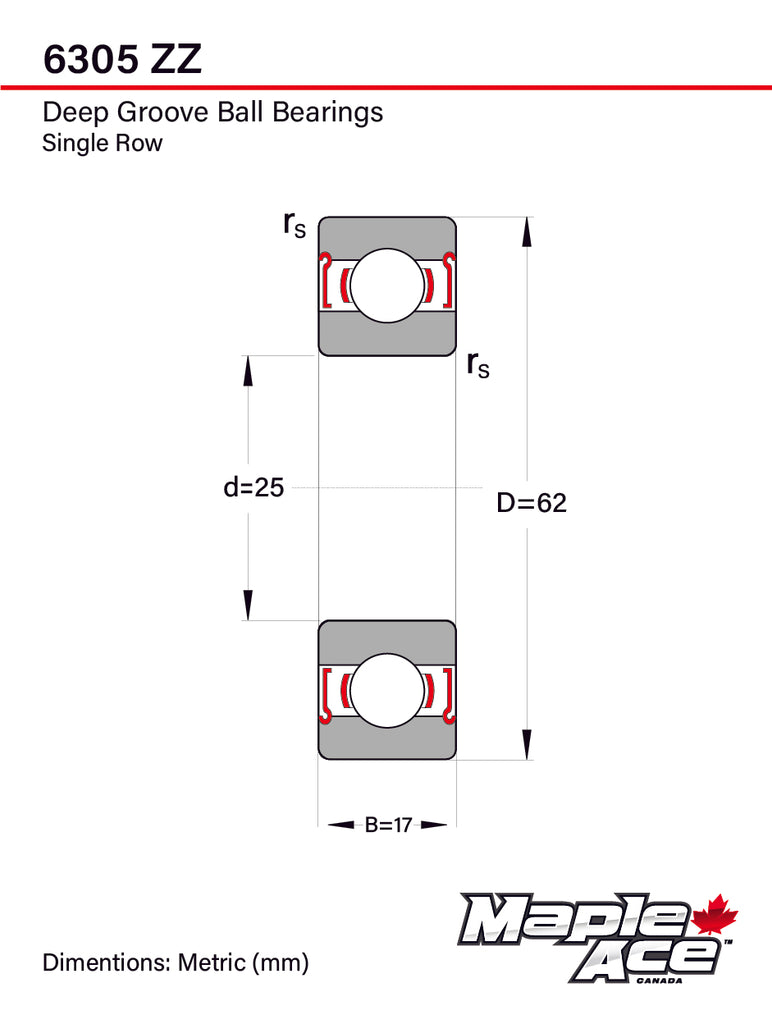 6305-ZZ Ball Bearing Supreme Metal Shielded 25x62x17mm 6305 ZZ