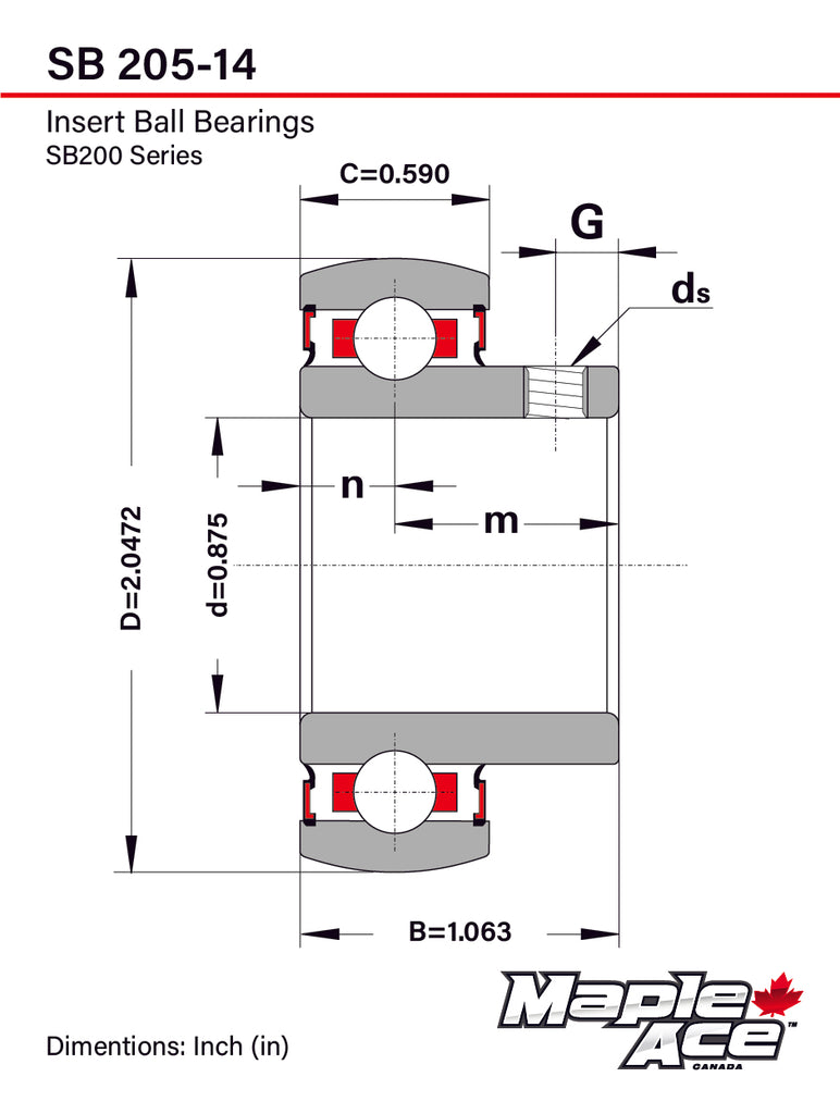 SB205-14 Insert Bearing 7/8in Bore Spherical OD w/Set Screws