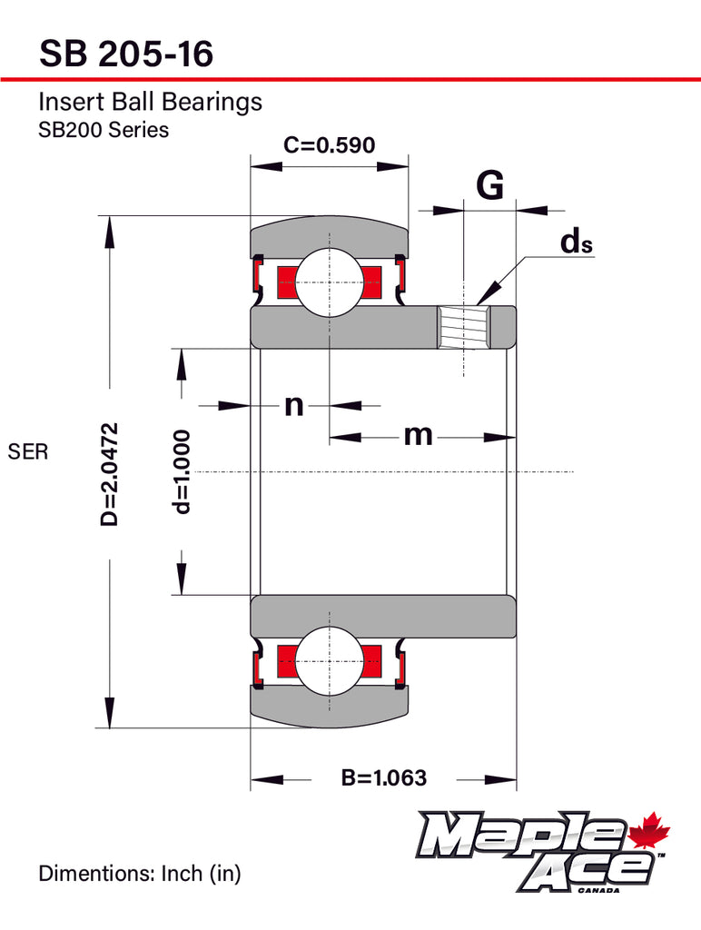 SB205-16 Insert Bearing 1in Bore Spherical OD w/Set Screws