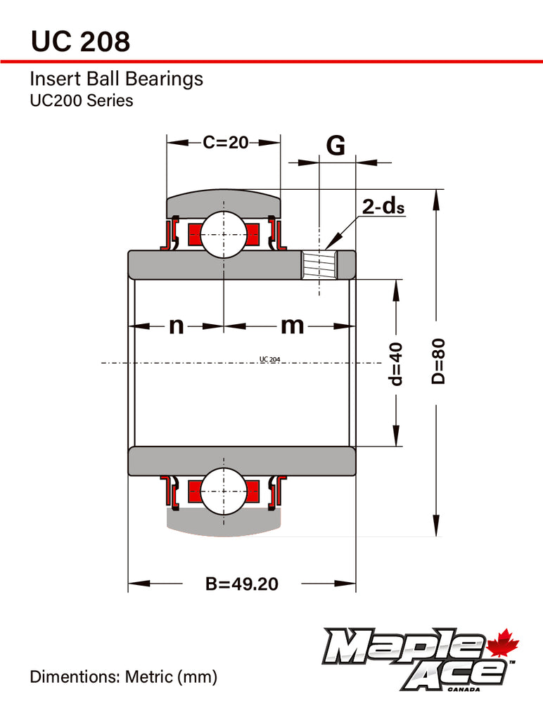 UC208 Insert Bearing 40mm Bore, Spherical OD, Set Screws, Lube Hole