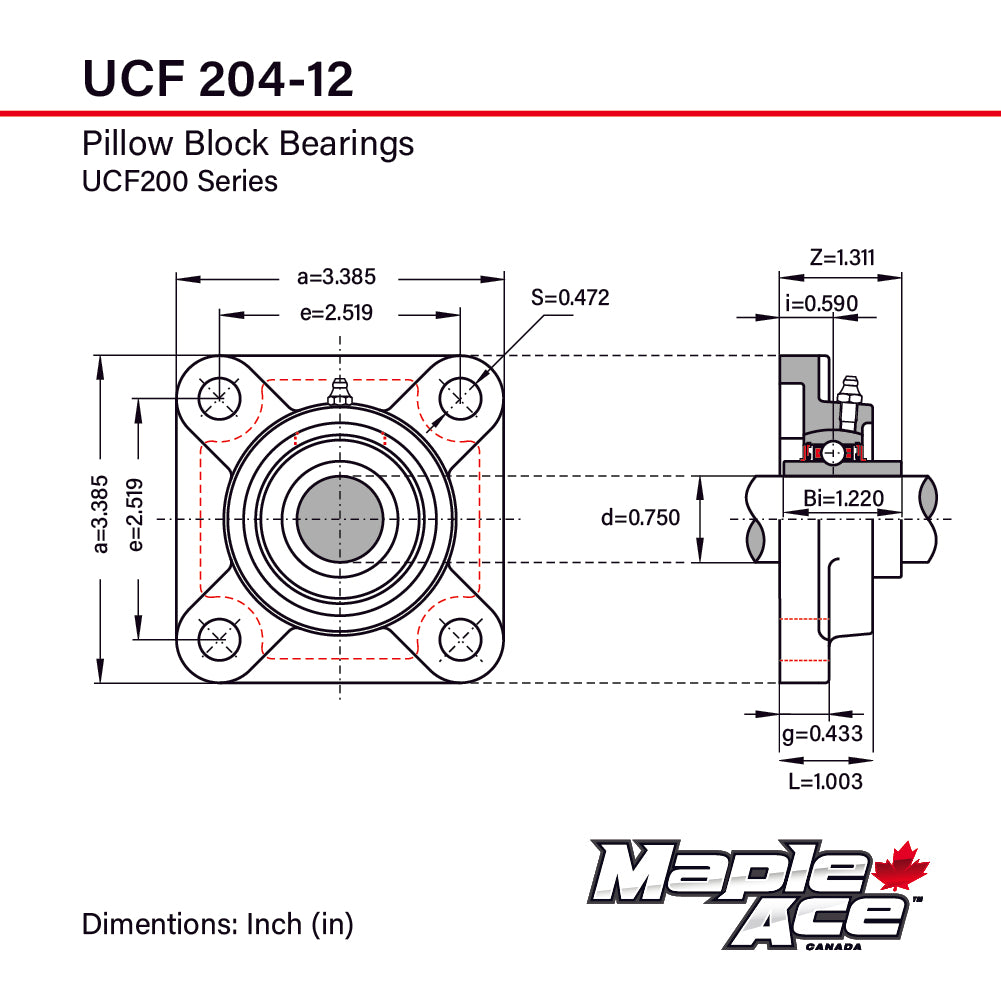 UCF204-12 Flange Bearing 3/4in Bore, 4-Bolt Self-Aligning, Solid Base