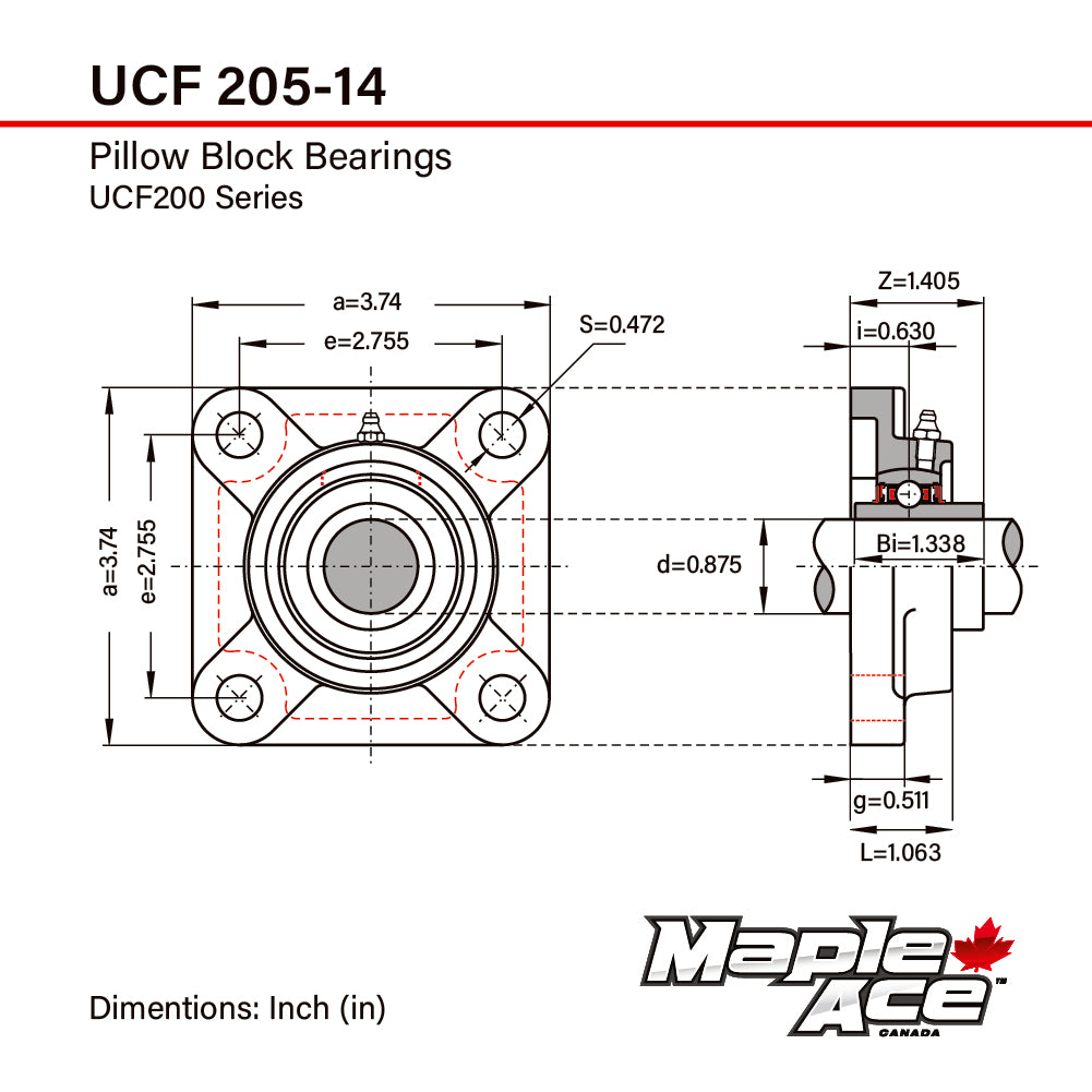 UCF205-14 Flange Bearing 7/8in Bore, 4-Bolt Self-Aligning, Solid Base, 3 Lips Seal