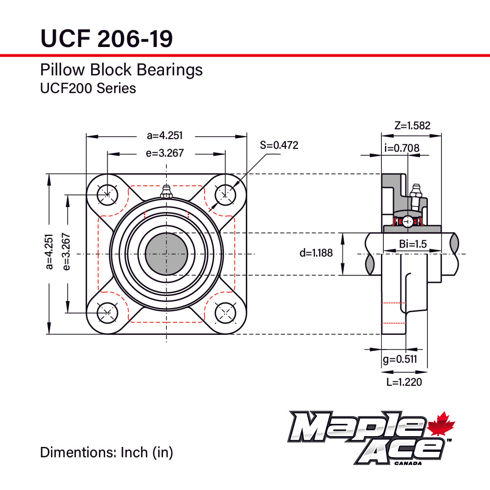 UCF206-19 R3 Triple-Lip Seal Flange Bearing 1-3/16in Bore 4-Bolt Solid