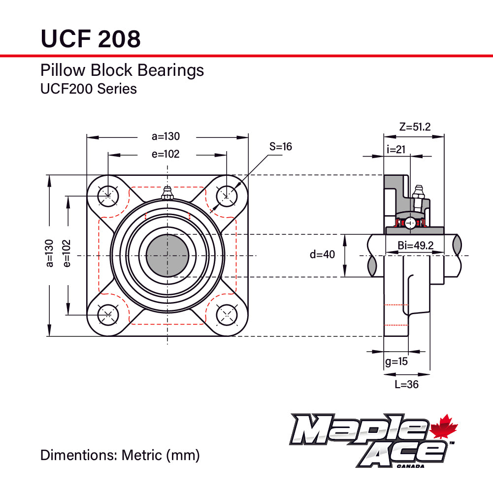 UCF208 Flange Bearing 40mm Bore, 4-Bolt Self-Aligning, Solid Base