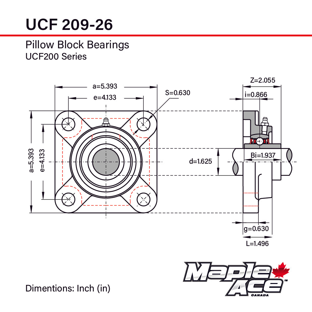 UCF209-26 Flange Bearing 1-5/8in Bore, 4-Bolt Self-Aligning, Solid Base