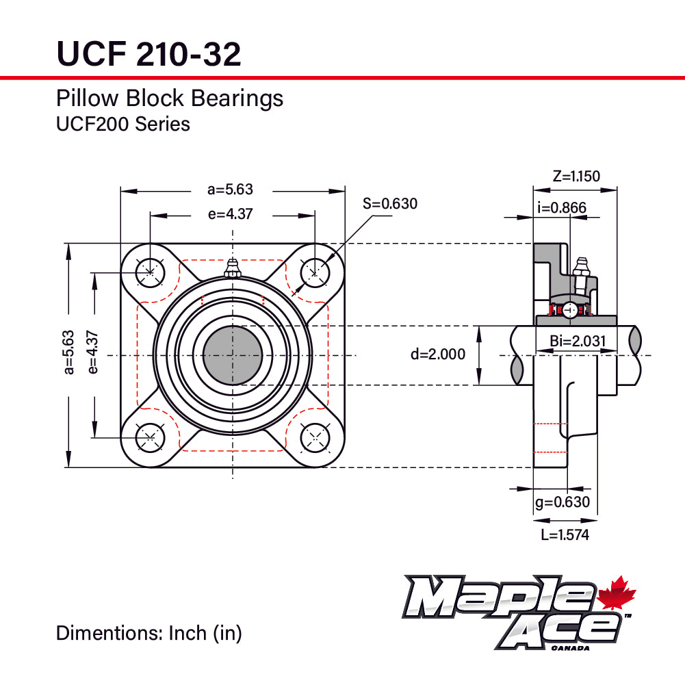 UCF210-32 Flange Bearing 2in Bore, 4-Bolt Self-Aligning, Solid Base