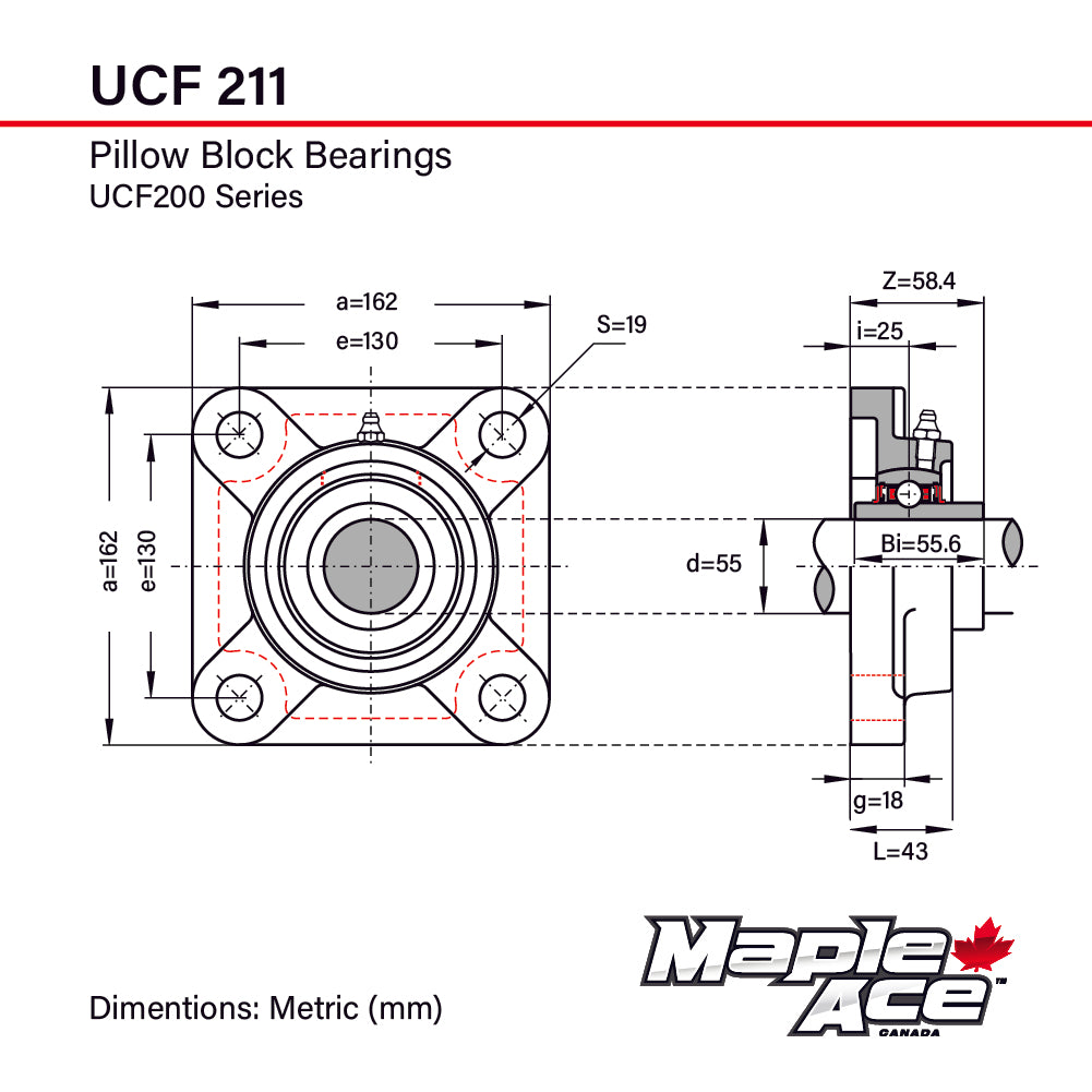 UCF211 55mm Bore R3 Triple-Lip Seal Flange Bearing 4-Bolt Solid