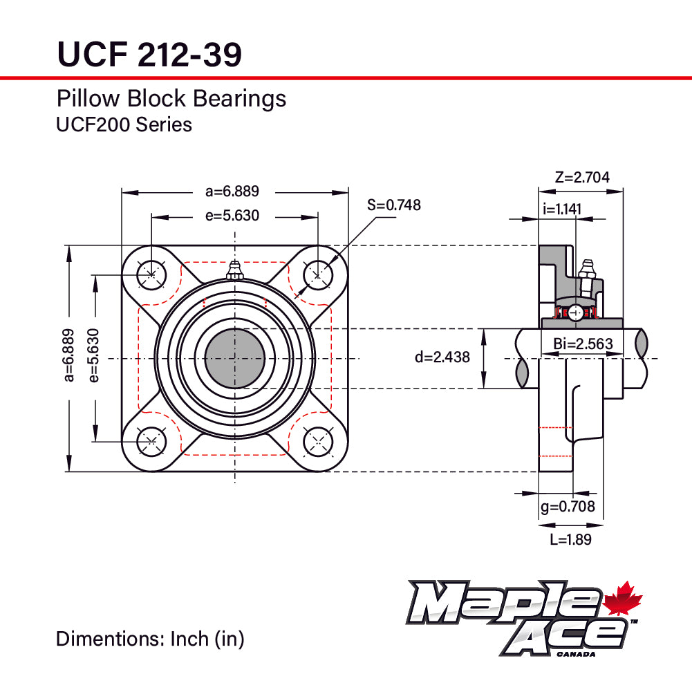 UCF212-39 Flange Bearing 2-7/16in Bore, 4-Bolt Self-Aligning, Solid Base