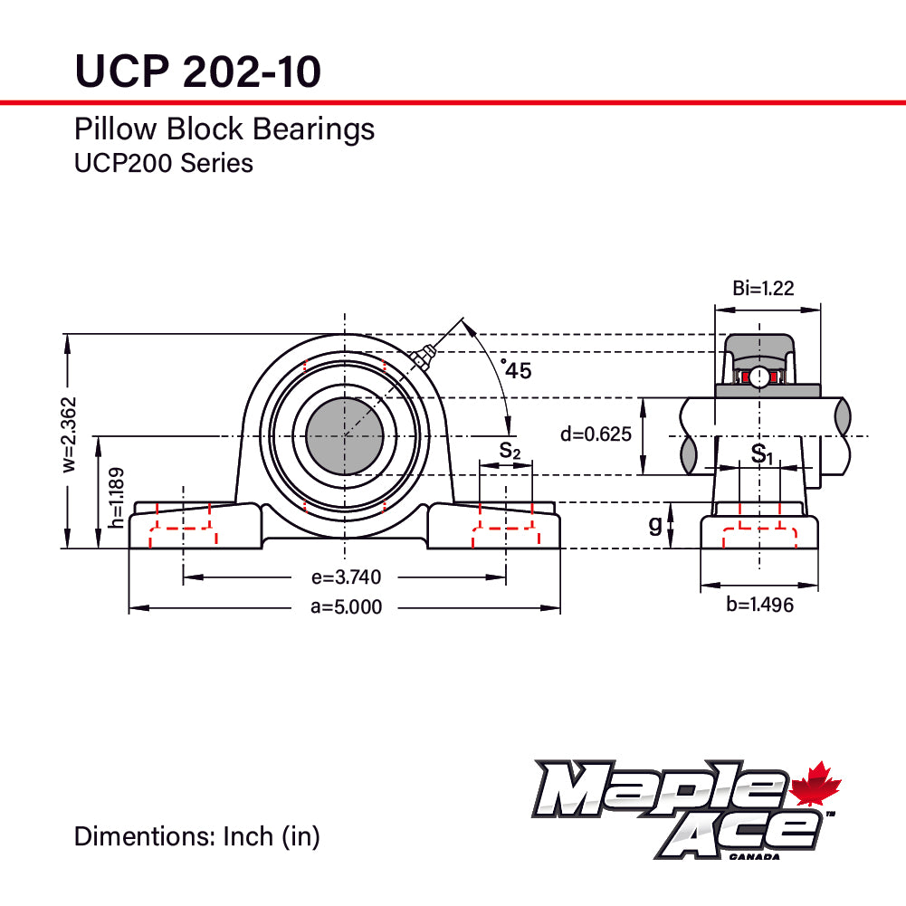 UCP202-10 Pillow Block Bearing 5/8in Bore, 2-Bolt, Self-Aligning, 3 Lips Seal