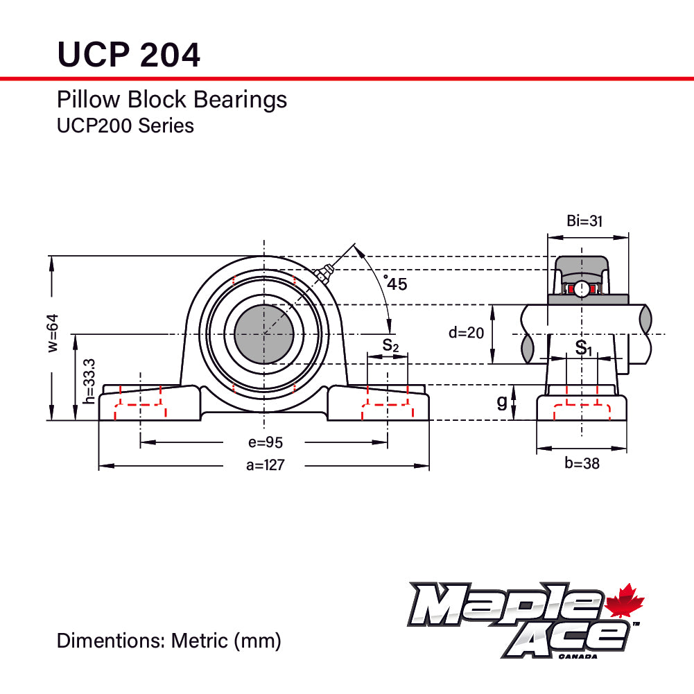 Palier - 2 fixations ucp204 - 20 mm