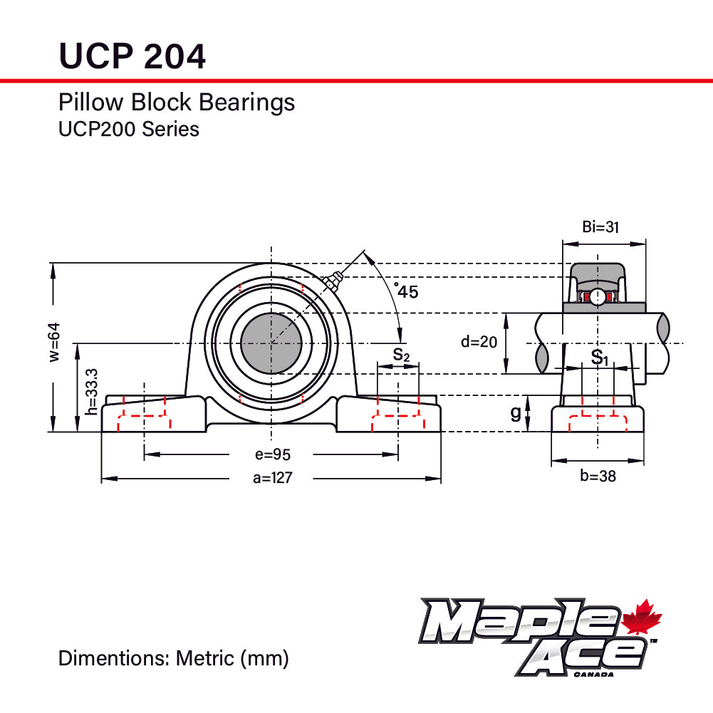 UCP204 Pillow Block Bearing 20mm Bore, 2-Bolt, Self-Aligning, 3 Lips Seal