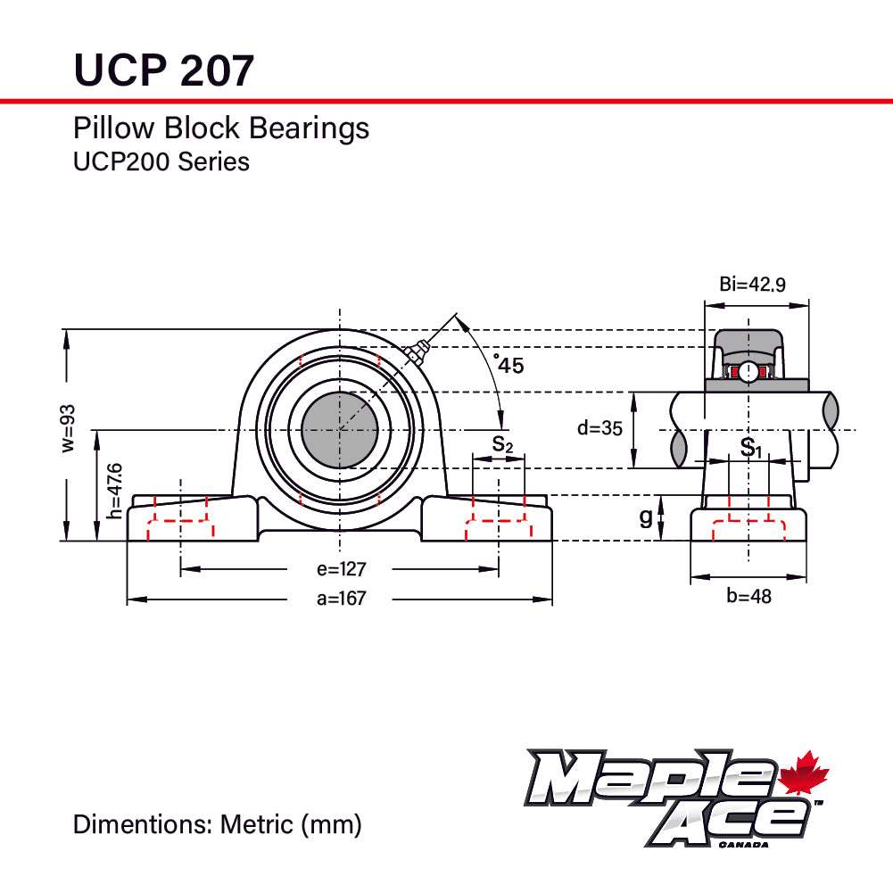 UCP207 Pillow Block Bearing 35mm Bore, 2-Bolt, Self-Aligning, Solid Base