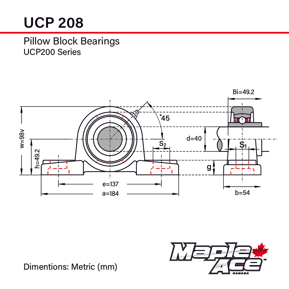 UCP208 Pillow Block Bearing 40mm Bore, 2-Bolt, Self-Aligning, Solid Base