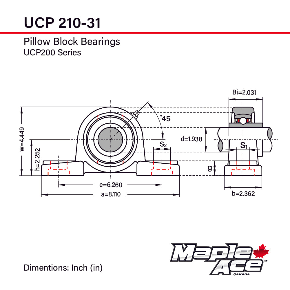 UCP210-31 Pillow Block Bearing 1-15/16in Bore, 2-Bolt, Self-Aligning, Solid Base