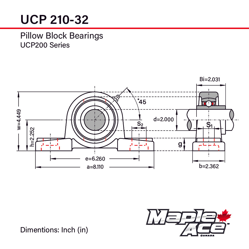 UCP210-32 Pillow Block Bearing 2in Bore, 2-Bolt, Self-Aligning, 3 Lips Seal