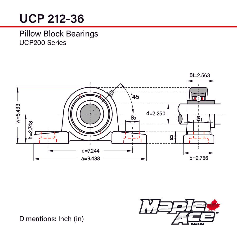 UCP212-36 R3 Triple-Lip Pillow Block Bearing 2-1/4in Bore 2-Bolt Solid