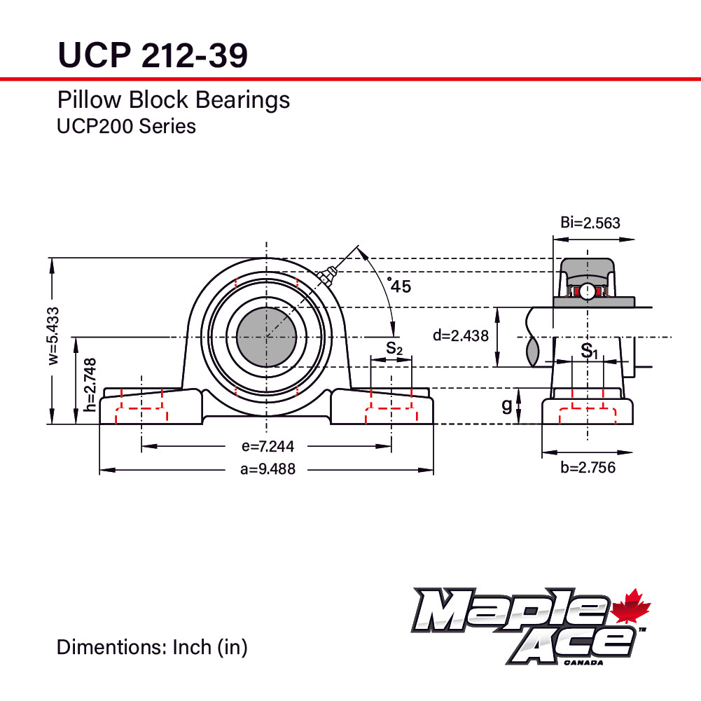 UCP212-39 Pillow Block Bearing 2-7/16in Bore, 2-Bolt, Self-Aligning, Solid Base